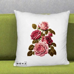Perna Decorativa Trandafiri Vintage Roz-Rosii, 40x40 cm, Alb Pufos, Husa Detasabila, Perna Inclusa, BEKZ®