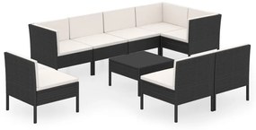 Set mobilier de gradina cu perne, 9 piese, negru, poliratan 5x mijloc + 3x colt + masa, 1