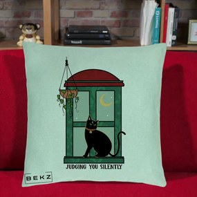 Perna Decorativa Judging You Silently Pisica Geam, 40x40 cm, Verde Menta, Husa Detasabila, Perna Inclusa, BEKZ®