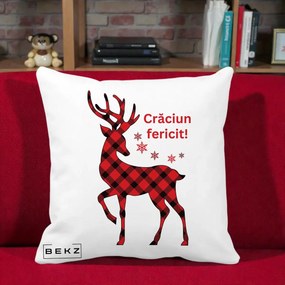 Perna Decorativa Ren Tartan Craciun Fericit, 40x40 cm, Alba Mata, Husa Detasabila, Perna Inclusa, BEKZ®