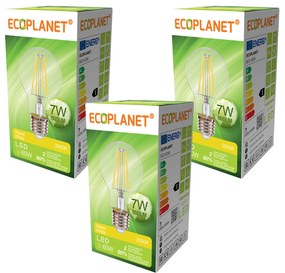Set 3 Buc - Bec LED A60 filament Ecoplanet Vintage, E27, 7W (60W), 805 LM, E, lumina calda 3000K, Clar Transparent Lumina calda - 3000K, 3 buc