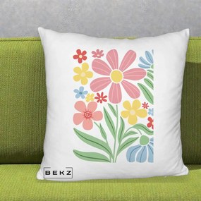 Perna Decorativa Flori Grafice Roz Pastel, 40x40 cm, Alb Pufos, Husa Detasabila, Perna Inclusa, BEKZ®