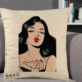 Perna Decorativa Femeie Pop-Art Kiss, 40x40 cm, Bej, Husa Detasabila, Perna Inclusa, BEKZ®