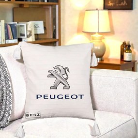 Perna Personalizata cu emblema Peugeot, 40x40 cm, Bej cu Franjuri, Husa Detasabila, Perna Inclusa, BEKZ®