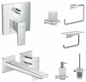 Set baterie cada si baterie lavoar Hansgrohe Metropol cu accesorii baie Hansgrohe AddStoris, crom lucios