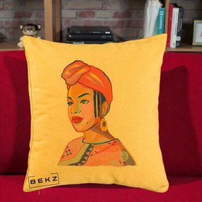 Perna Decorativa Portret Femeie Africana, 40x40 cm, Galben, Husa Detasabila, Perna Inclusa, BEKZ®
