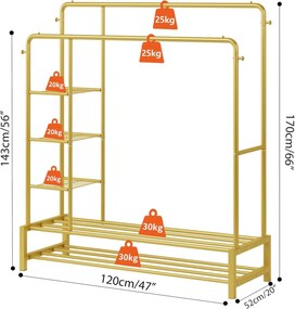 SUAU7 - Suport Haine dublu cu rafturi, 170 cm inaltime, pentru haine, dressing, dormitor - Auriu / Alb / Negru