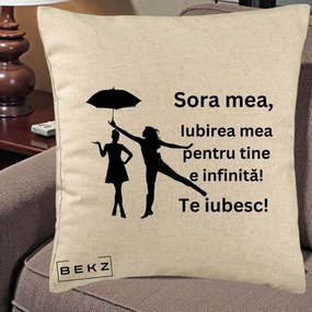 Cadou pentru Sora - Perna Personalizata Sora Mea Te Iubesc Siluete Negre cu Umbrela, 40x40 cm, Bej, Husa Detasabila, Perna Inclusa, BEKZ®