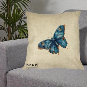 Perna Decorativa Fluture Albastru Satin cu Pete Aurii, 40x40 cm, Crem, Husa Detasabila, Perna Inclusa, BEKZ®