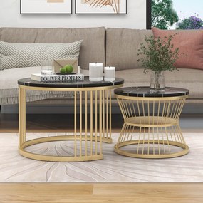 Set de 2 Măsuțe de Cafea Moderne, cu Blat cu Efect de Marmură și Cadru Metalic Auriu, Dimensiuni 70x70x47 cm și 45x45x40 cm, Negru
