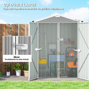 Outsunny Magazie de Grădină 1.1m² din Oțel Zincat, Magazie cu Porți Duble Largi Blocabile, Acoperiș Înclinat, Mănuși, Spațiu pentru Unelte, 133x87x178 cm, Gri Argintiu | Aosom Romania
