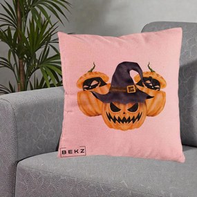 Perna Decorativa Trio Dovleci Jack-o-Lantern cu Palarie Vrajitoare, 40x40 cm, Roz, Husa Detasabila, Perna Inclusa, BEKZ®