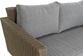 Set lounge exterior din rattan sintetic și structură din lemn și oțel cu canapea, 2 fotolii, masă și perne, finisaj bej-gri, „Zahara