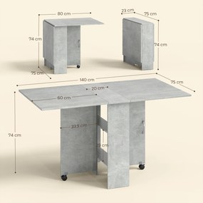 HOMCOM Masă Pliabilă din Lemn cu Roți, pentru 4-6 Persoane, 75x140x75 cm, Gri | Aosom Romania