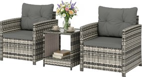 Outsunny Set mobilier exterior 3 piese din rășină împletită, masă și 2 fotolii cu perne, 62x65x75 cm, Gri deschis | Aosom Romania