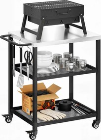 Outsunny Cărucior pentru grătar cu 3 niveluri mobil cu roți și frână Blat din oțel inoxidabil Raft reglabil Cârlige Negru | Aosom Romania