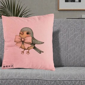 Perna Decorativa Pasare Teal cu Fundita cu Buline, 40x40 cm, Roz, Husa Detasabila, Perna Inclusa, BEKZ®