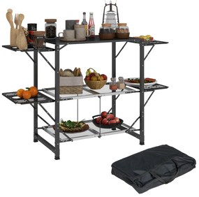 Outsunny Masă de bucătărie de camping pliantă, oţel și aluminiu, sac de transport, 2 rafturi, 2 rafturi și suporturi pentru pahare | Aosom Romania