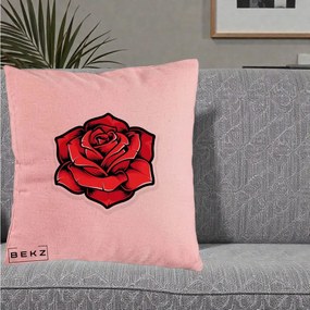 Perna Decorativa Trandafir Rosu Tattoo, 40x40 cm, Roz, Husa Detasabila, Perna Inclusa, BEKZ®