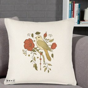 Perna Decorativa Pasare pe Ramura cu Maci, 40x40 cm, Crem Reliefat, Husa Detasabila, Perna Inclusa, BEKZ®