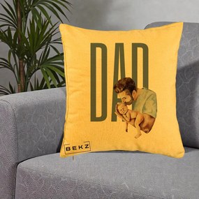 Cadou pentru Tata - Perna Personalizata DAD Tata si Nou-Nascut, 40x40 cm, Galben, Husa Detasabila, Perna Inclusa, BEKZ®