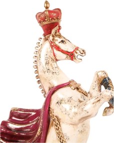 Statuetă decorativă din polirășină, crem și roșu, cal cabrat cu coroană și mantie roșie, finisaj antichizat, 40 x 22 x 11 cm, „Majesté”