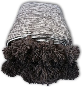 Pătură Maroc țesută manual, gri-alb cu ciucuri maro, bumbac, 250x150 cm