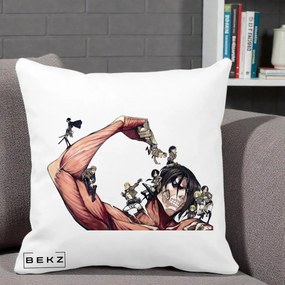 Perna Personalizata Attack on Titan Eren Titan Grup, 40x40 cm, Alba Mata, Husa Detasabila, Perna Inclusa, BEKZ®