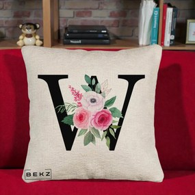 Cadou Personalizat - Perna Personalizata Monograma Florala Litera W cu Trandafiri si Anemona, 40x40 cm, Bej Canapea, Husa Detasabila, Perna Inclusa, BEKZ®