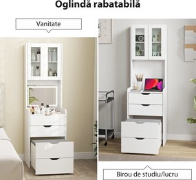HOMCOM Stație de Machiaj cu Lumini LED în 3 Culori, Oglindă Rabatabilă, Scaun Ascuns, Măsuță de Machiaj cu Scaun Îmbunătățit, 3 Sertare, Compartiment, Dulap cu Uși din Sticlă, Modern, Alb | Aosom Romania