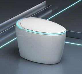 Vas toaletă inteligentă cu Bideu, Afișaj LED, Telecomandă, Sterilizare UV, Deschidere/Închidere automată, funcționare senzor picior, Control inteligent al Temperaturii, Uscare aer cald, Iluminare de noapte, Ceramică, Alb, 911