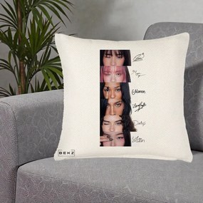 Perna Personalizata K-pop KATSEYE Semnaturi fara Foto, 40x40 cm, Crem Reliefat, Husa Detasabila, Perna Inclusa, BEKZ®