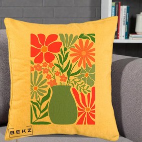 Perna Decorativa Flori in Vaza Turcoaz, 40x40 cm, Galben, Husa Detasabila, Perna Inclusa, BEKZ®