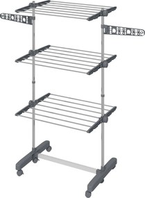HOMCOM Uscător de Rufe Pliabil Tip Turn cu 6 Roți, Cârlige și 3 Rafturi Reglabile pentru Interior, 142x55x152 cm, Argintiu | Aosom Romania