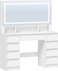 Masuta machiaj cu Oglinda LED si 9 Sertare pentru Cosmetice, Set Masa toaleta 109 cm, Alb, masuta cosmetica, vanity - SEA19