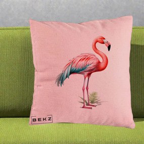 Perna Decorativa Flamingo Roz cu Pene Teal, 40x40 cm, Roz, Husa Detasabila, Perna Inclusa, BEKZ®