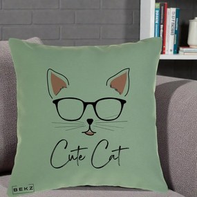 Perna Personalizata Cute Cat cu Ochelari, 40x40 cm, Verde, Husa Detasabila, Perna Inclusa, BEKZ®