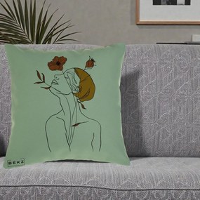 Perna Decorativa Portret Feminin Mac Privire Inalta, 40x40 cm, Verde, Husa Detasabila, Perna Inclusa, BEKZ®