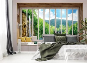Fototapet - Privire spre cascadă - geam (152,5x104 cm)