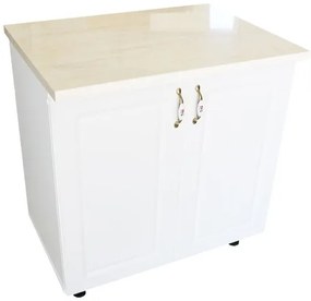 Masca pentru chiuveta cu 2 usi 80 cm Zebra, alb/MDF Alb Lucios, cu blat Travertin, 80 x 85 x 60 cm