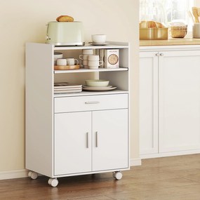 HOMCOM Dulap pentru Cuptorul cu Microunde cu Roți, Bufet de Bucătărie cu Sertar, Blat pentru Electrocasnice, Dulap cu 2 Uși, Raft Glisant și Raft Deschis, Cărucior de Bucătărie pentru Sufragerie, 59x40x92cm, Alb | Aosom Romania
