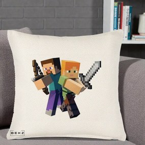 Perna Personalizata Minecraft Steve si Alex, 40x40 cm, Crem Reliefat, Husa Detasabila, Perna Inclusa, BEKZ®