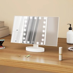 HOMCOM Oglindă Machiaj cu Lumină Mărire 1X/2X/3X Rotație Liberă de 180° 21 LED-uri Comutator Tactil Alb | Aosom Romania