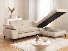 Colțar bej cu tapițerie din catifea reiată (cu colț pe partea dreaptă/în formă de ”L”) Marbeya – Ropez