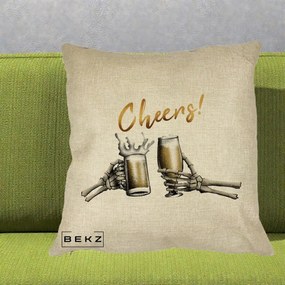 Perna Decorativa Halloween Cheers Schelete cu Bere, 40x40 cm, Crem, Husa Detasabila, Perna Inclusa, BEKZ®