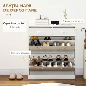 HOMCOM Etajeră pentru Pantofi, 12 Perechi, cu 2 Rafturi Interioare Reglabile și 2 Sertare, din Lemn, 80x30x91.5 cm, Alb | Aosom Romania