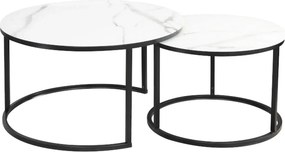 Set 2 masute cafea ATLANTA C, alb cu efect de marmura/negru, sticla/me