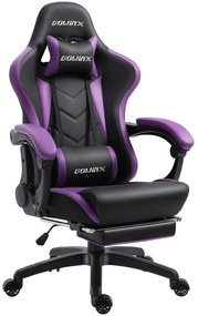 DOWINX Scaun gaming, ergonomic, suport lombar cu masaj, spătar rabatabil, tetieră, suport pentru picioare, rezistent 150 kg, piele PU, Negru/Violet