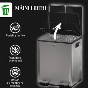 HOMCOM Coș de Gunoi cu 2 Compartimente de 20L cu Pedală, Coș de Gunoi cu 2 Capace Silențioase, 45,8x36x51,6 cm, Argintiu | Aosom Romania