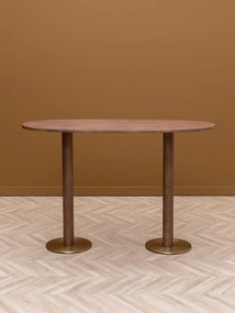 Masă bar din lemn de stejar și metal, ovală, cu picior disc auriu, natur, finisaj satinat, 160×60×107 cm, „Barrio"